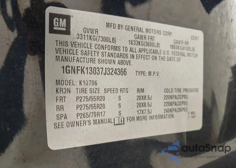 2007 Chevrolet Tahoe K1500 из США, поврежденный, VIN 1GNFK13037J324366